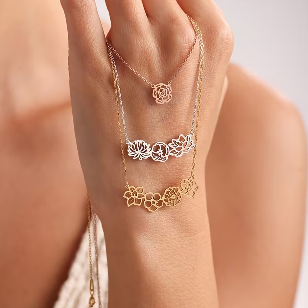 Birth Flower Necklace - Personalisierte Geburtsblumen-Halskette aus Edelstahl, personalisierter Monatsblumen-Anhänger